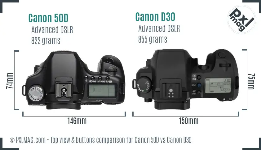 Canon 50D vs Canon D30 top view buttons comparison