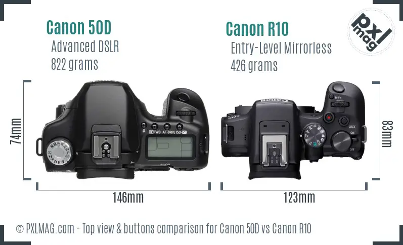 Canon 50D vs Canon R10 top view buttons comparison