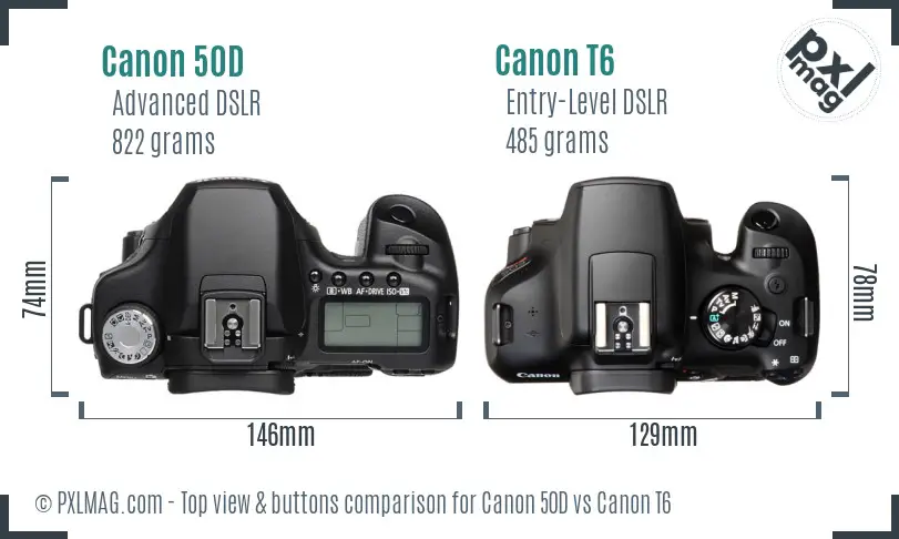 Canon 50D vs Canon T6 top view buttons comparison