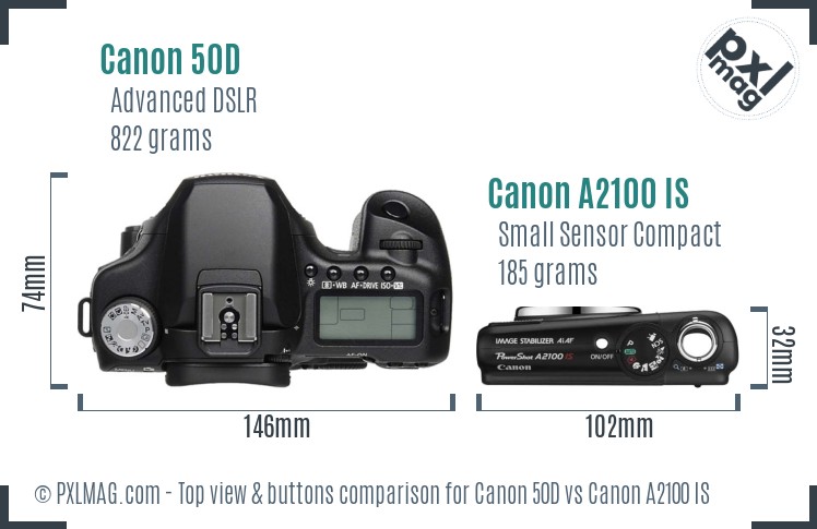 Canon 50D vs Canon A2100 IS top view buttons comparison