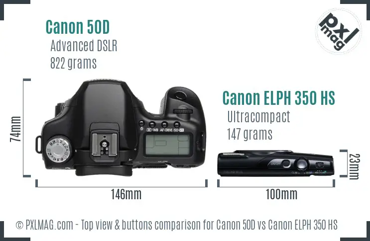 Canon 50D vs Canon ELPH 350 HS top view buttons comparison