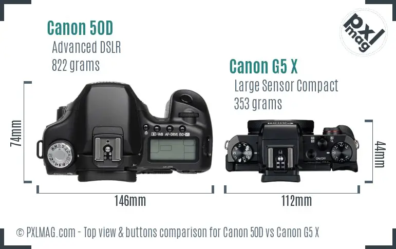 Canon 50D vs Canon G5 X top view buttons comparison