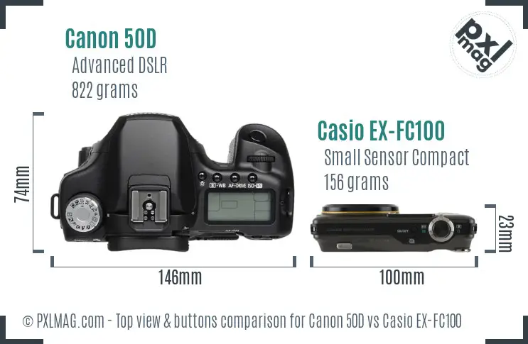 Canon 50D vs Casio EX-FC100 top view buttons comparison