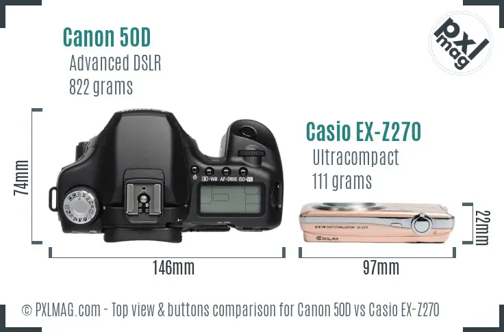 Canon 50D vs Casio EX-Z270 top view buttons comparison