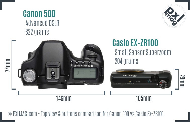 Canon 50D vs Casio EX-ZR100 top view buttons comparison