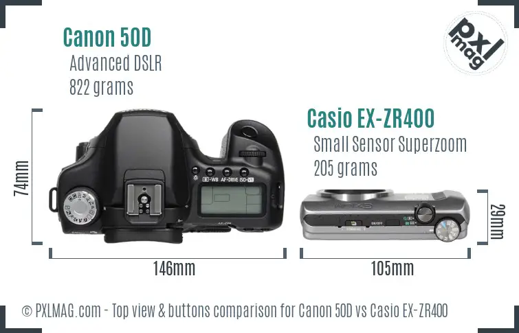 Canon 50D vs Casio EX-ZR400 top view buttons comparison Canon 50D vs Casio EX-ZR400 top view buttons comparison