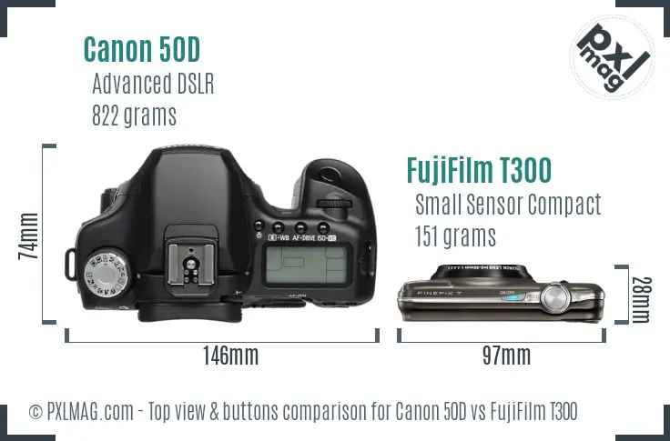 Canon 50D vs FujiFilm T300 top view buttons comparison