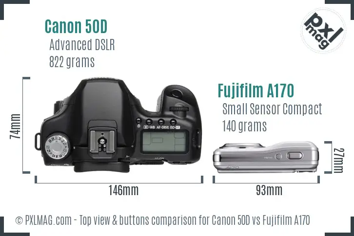 Canon 50D vs Fujifilm A170 top view buttons comparison