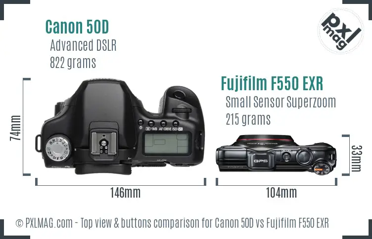 Canon 50D vs Fujifilm F550 EXR top view buttons comparison