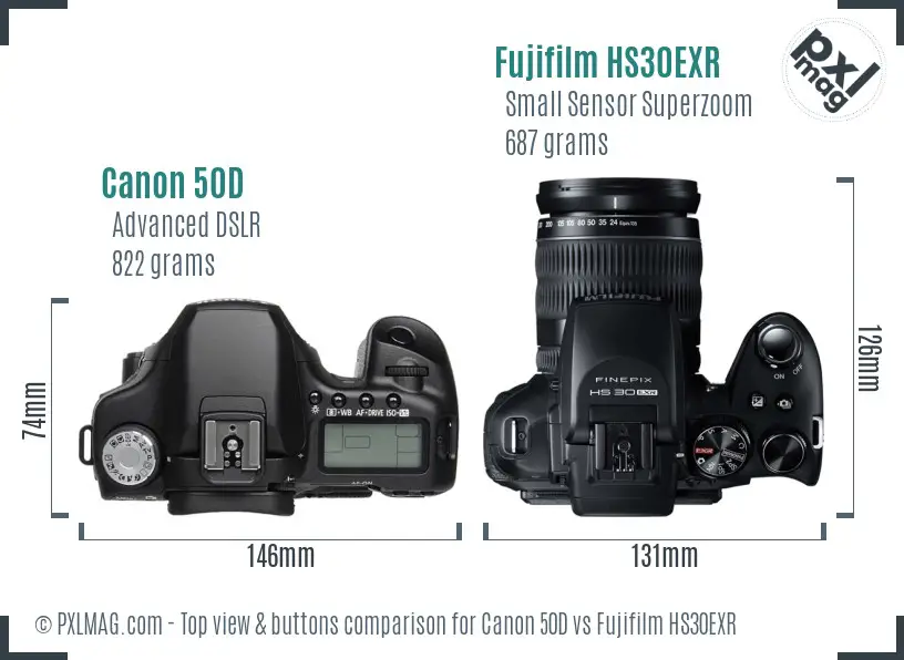 Canon 50D vs Fujifilm HS30EXR top view buttons comparison