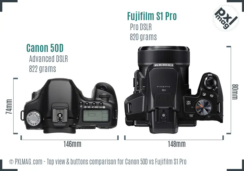 Canon 50D vs Fujifilm S1 Pro top view buttons comparison