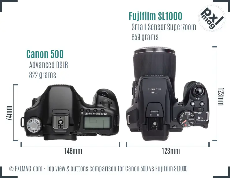 Canon 50D vs Fujifilm SL1000 top view buttons comparison