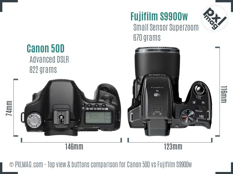 Canon 50D vs Fujifilm S9900w top view buttons comparison