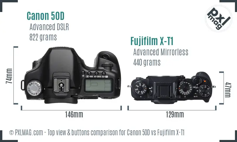 Canon 50D vs Fujifilm X-T1 top view buttons comparison