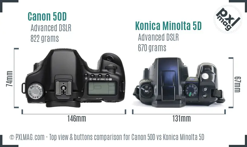 Canon 50D vs Konica Minolta 5D top view buttons comparison