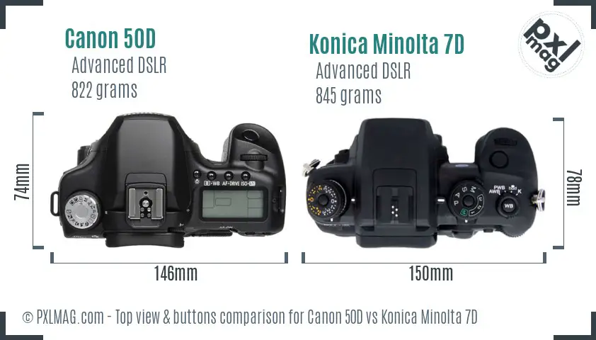 Canon 50D vs Konica Minolta 7D top view buttons comparison Canon 50D vs Konica Minolta 7D top view buttons comparison