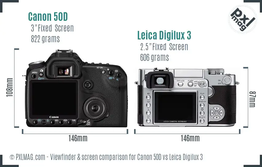 Canon 50D vs Leica Digilux 3 Screen and Viewfinder comparison