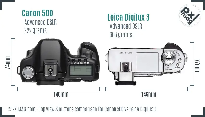 Canon 50D vs Leica Digilux 3 top view buttons comparison