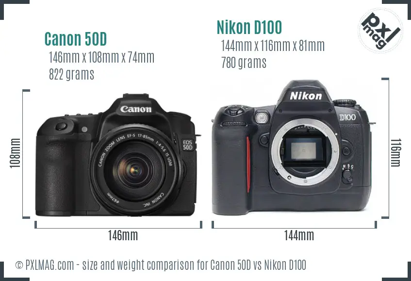 Canon 50D vs Nikon D100 size comparison Canon 50D vs Nikon D100 size comparison