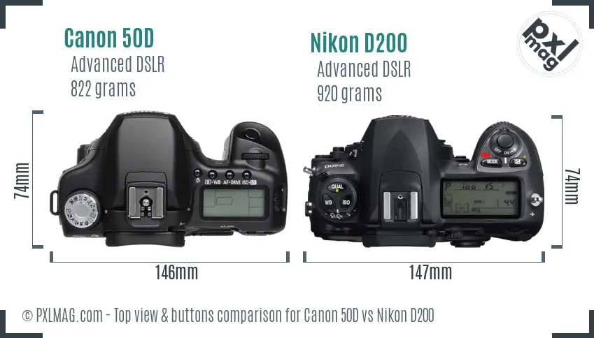 Canon 50D vs Nikon D200 top view buttons comparison