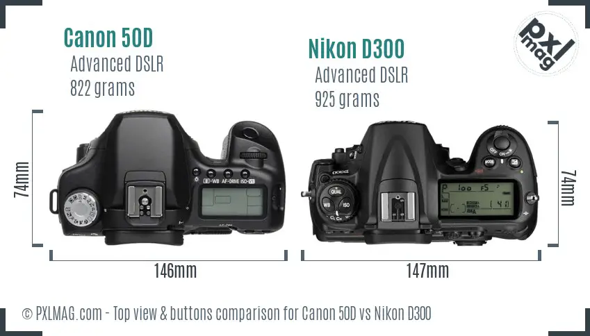 Canon 50D vs Nikon D300 top view buttons comparison