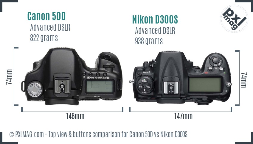 Canon 50D vs Nikon D300S top view buttons comparison