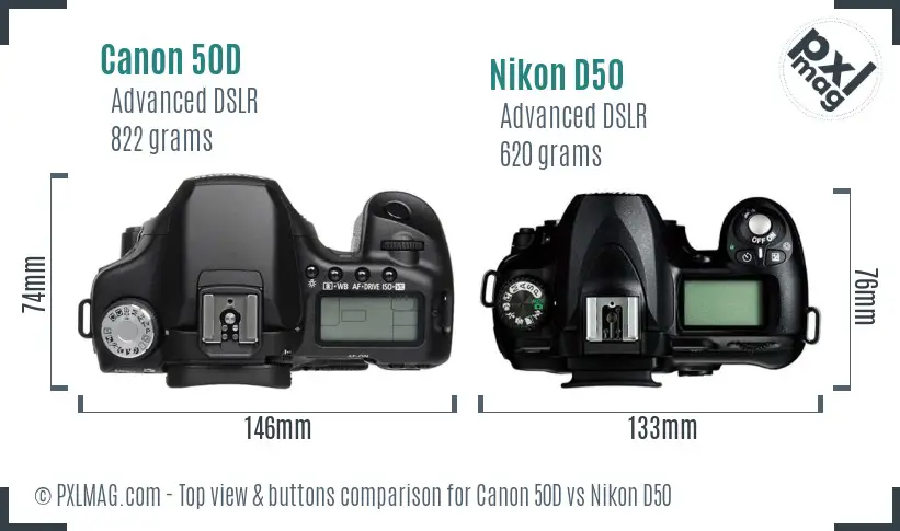 Canon 50D vs Nikon D50 top view buttons comparison
