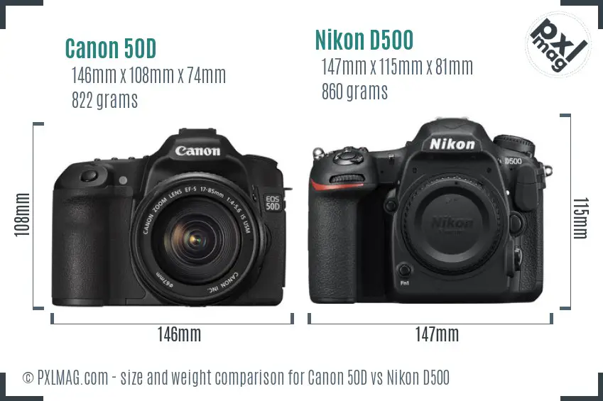 Canon 50D vs Nikon D500 size comparison