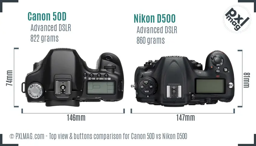 Canon 50D vs Nikon D500 top view buttons comparison