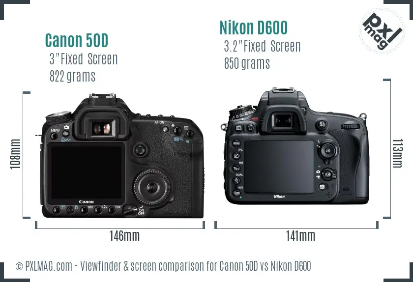 Canon 50D vs Nikon D600 Screen and Viewfinder comparison