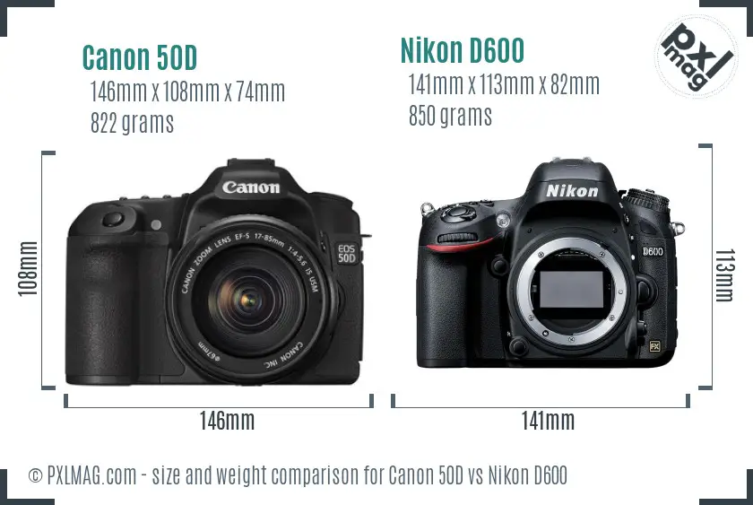 Canon 50D vs Nikon D600 size comparison