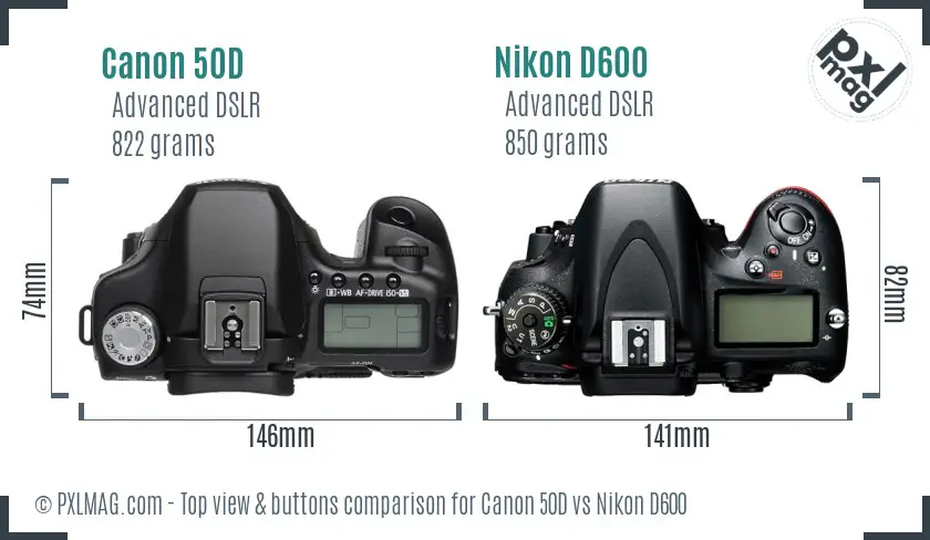 Canon 50D vs Nikon D600 top view buttons comparison