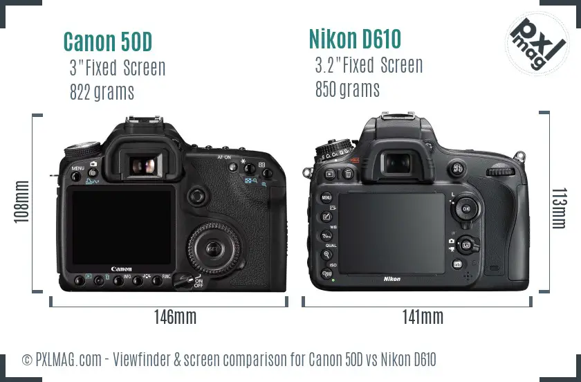 Canon 50D vs Nikon D610 Screen and Viewfinder comparison
