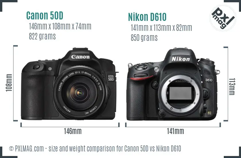 Canon 50D vs Nikon D610 size comparison