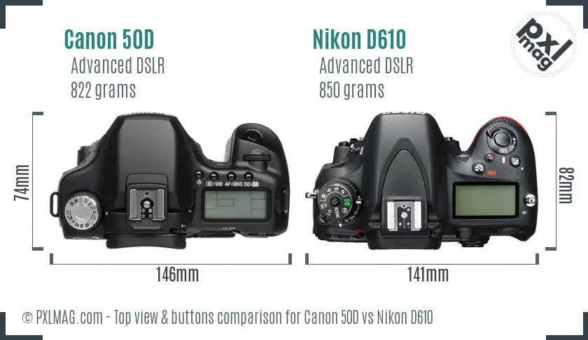 Canon 50D vs Nikon D610 top view buttons comparison