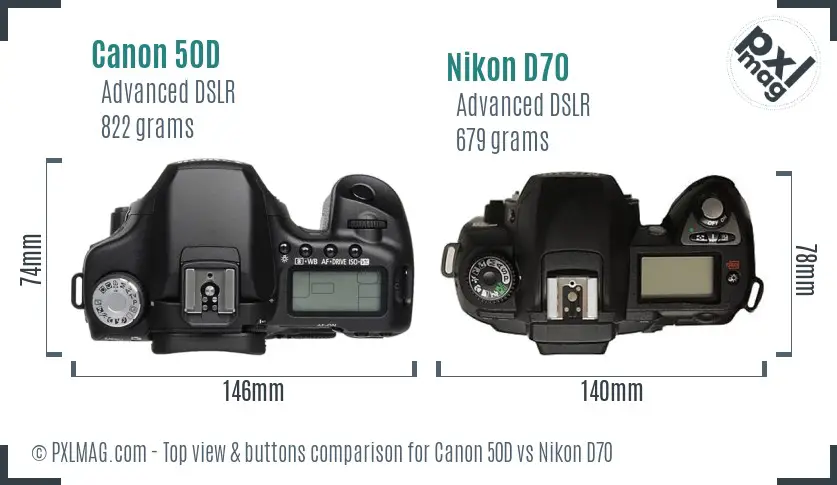 Canon 50D vs Nikon D70 top view buttons comparison