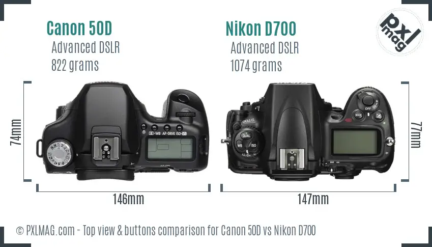 Canon 50D vs Nikon D700 top view buttons comparison