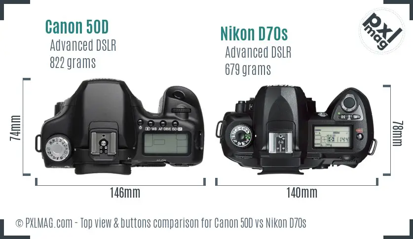 Canon 50D vs Nikon D70s top view buttons comparison