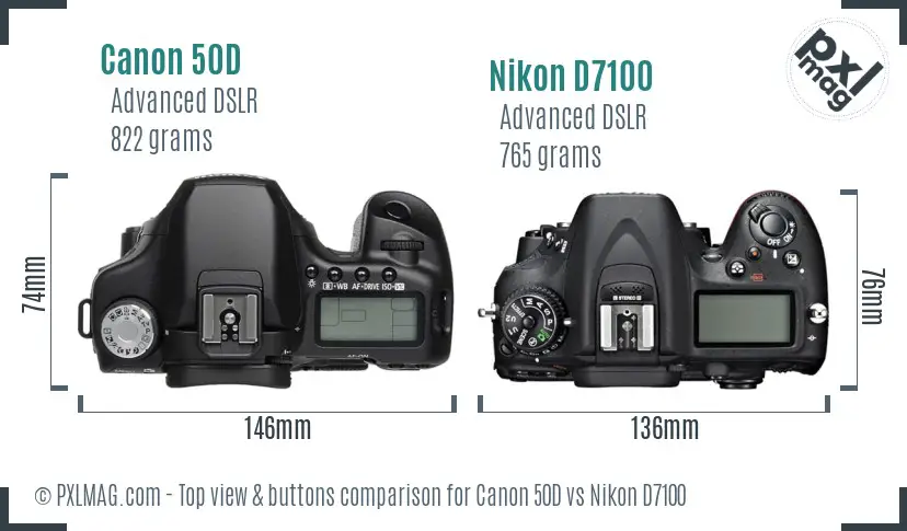 Canon 50D vs Nikon D7100 top view buttons comparison