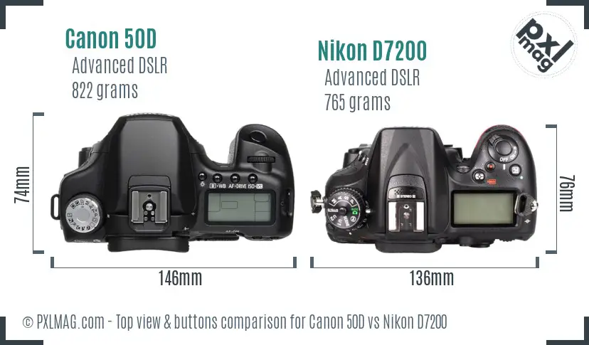 Canon 50D vs Nikon D7200 top view buttons comparison