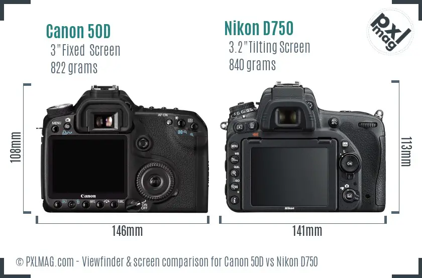 Canon 50D vs Nikon D750 Screen and Viewfinder comparison