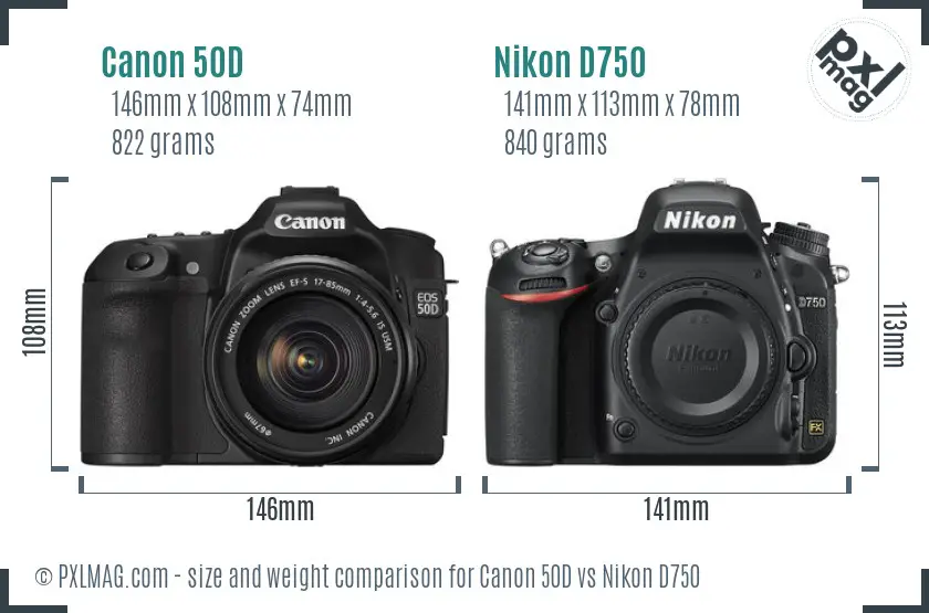 Canon 50D vs Nikon D750 size comparison