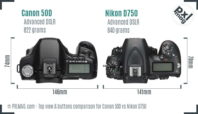 Canon 50D vs Nikon D750 top view buttons comparison