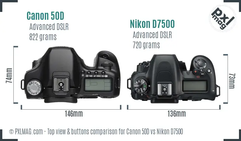 Canon 50D vs Nikon D7500 top view buttons comparison