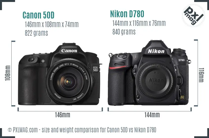 Canon 50D vs Nikon D780 size comparison