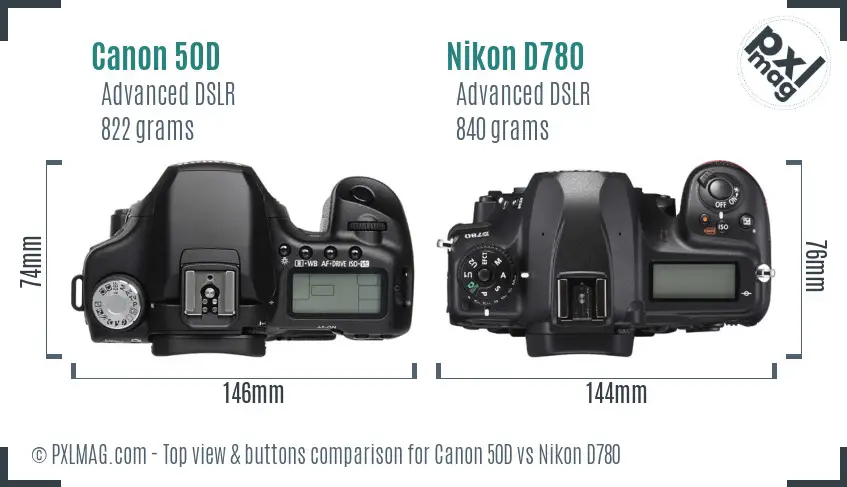 Canon 50D vs Nikon D780 top view buttons comparison