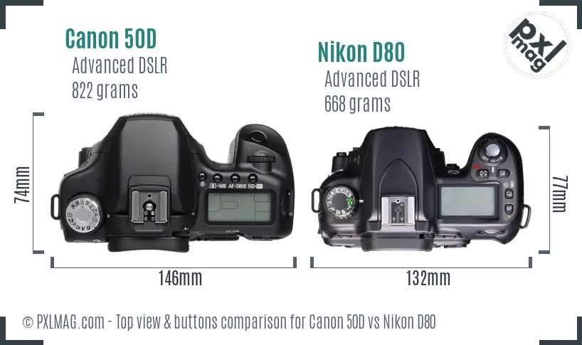 Canon 50D vs Nikon D80 top view buttons comparison