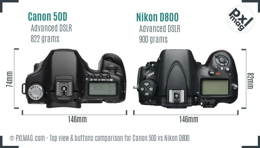 Canon 50D vs Nikon D800 top view buttons comparison