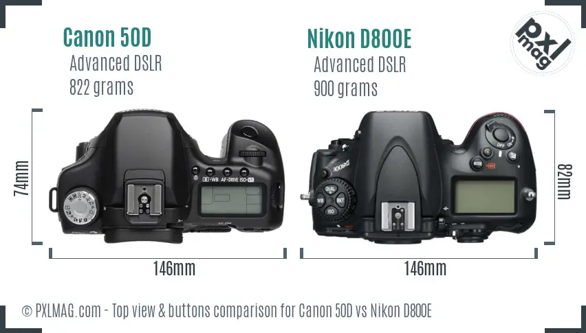 Canon 50D vs Nikon D800E top view buttons comparison