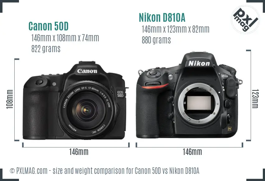 Canon 50D vs Nikon D810A size comparison
